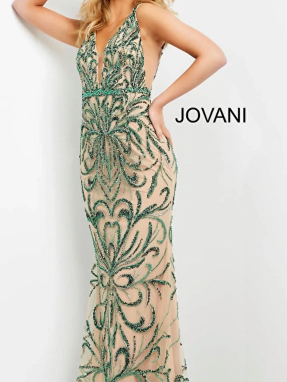 Jovani 60289 Emerald Beaded Nude Illusion Couture Gown Dress Size 10